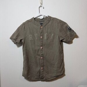 RVCA Mens Baseball Jersey Shirt Olive Green Skull Patch Cotton Twill Small